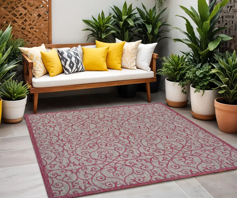 5' Light Gray And Fuchsia Square Geometric Indoor Outdoor Area Rug Homeroots Outdoor