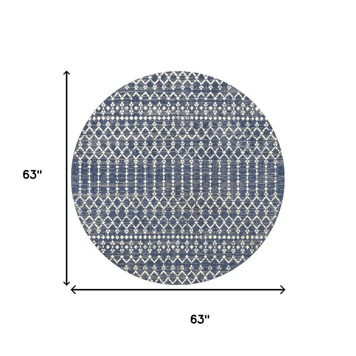 5' Navy Blue And Beige Round Trellis Indoor Outdoor Area Rug Homeroots Outdoor