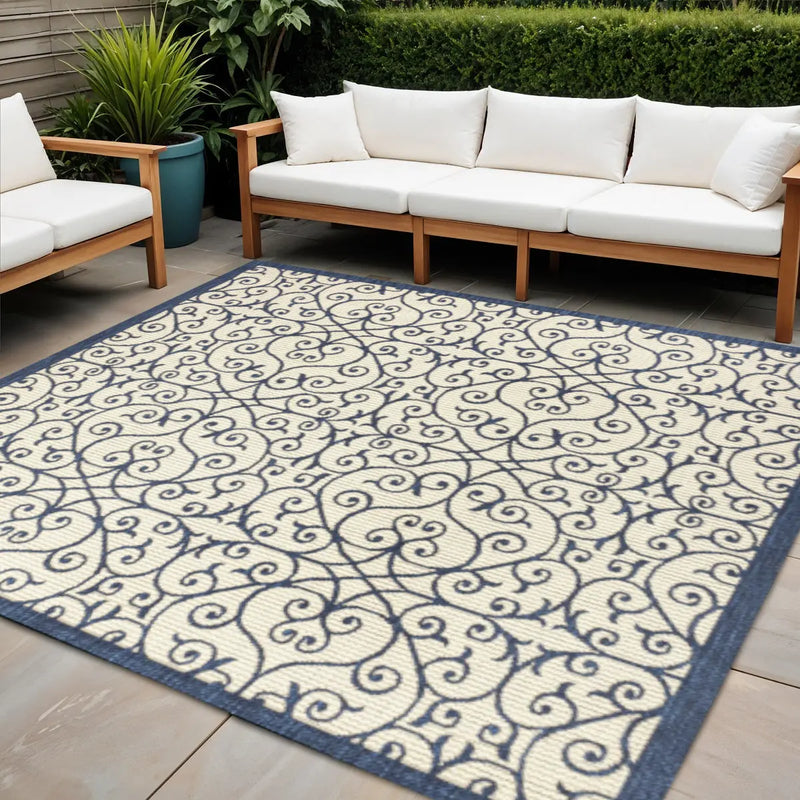 5' Navy Blue And Beige Square Geometric Indoor Outdoor Area Rug Homeroots Outdoor