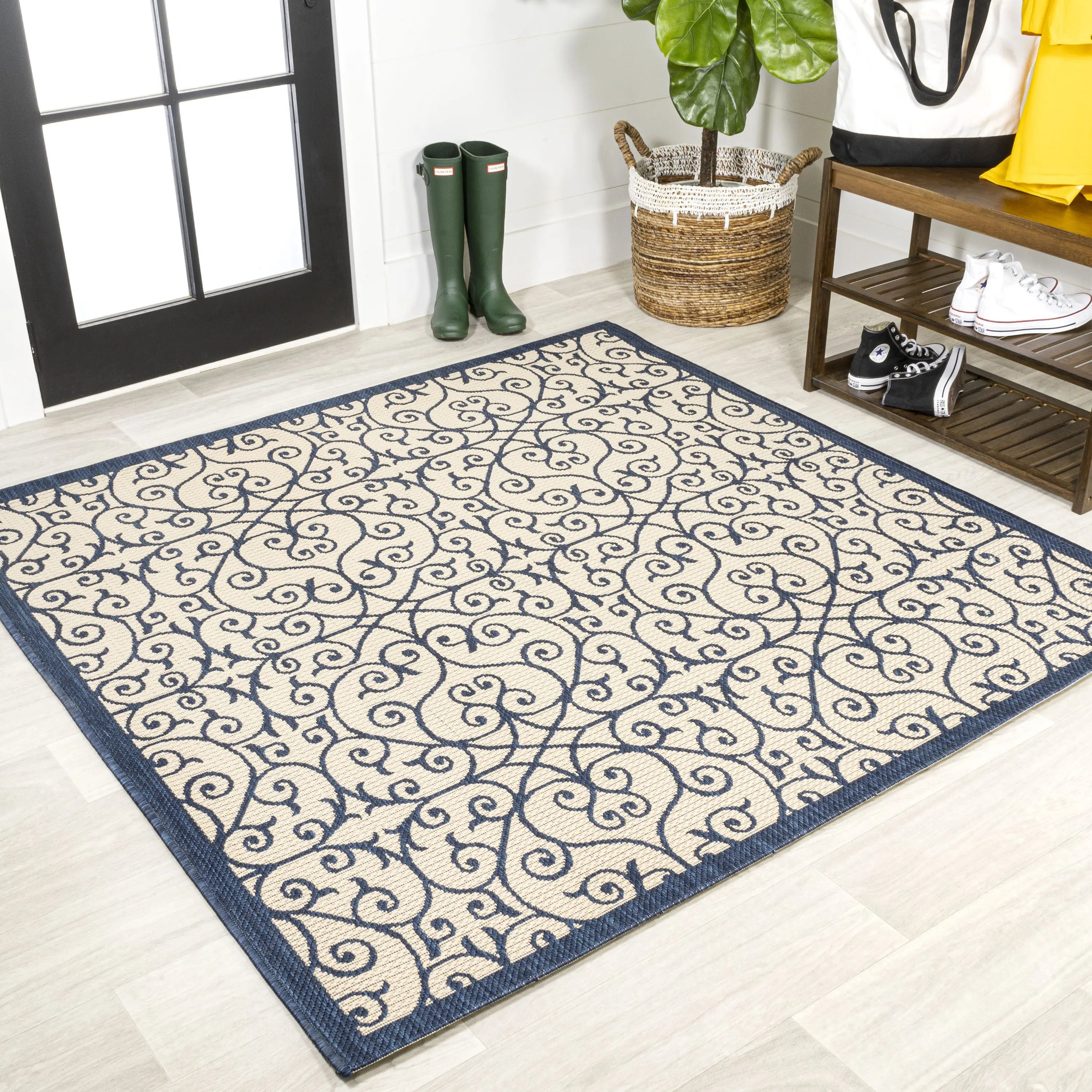 5' Navy Blue And Beige Square Geometric Indoor Outdoor Area Rug Homeroots Outdoor