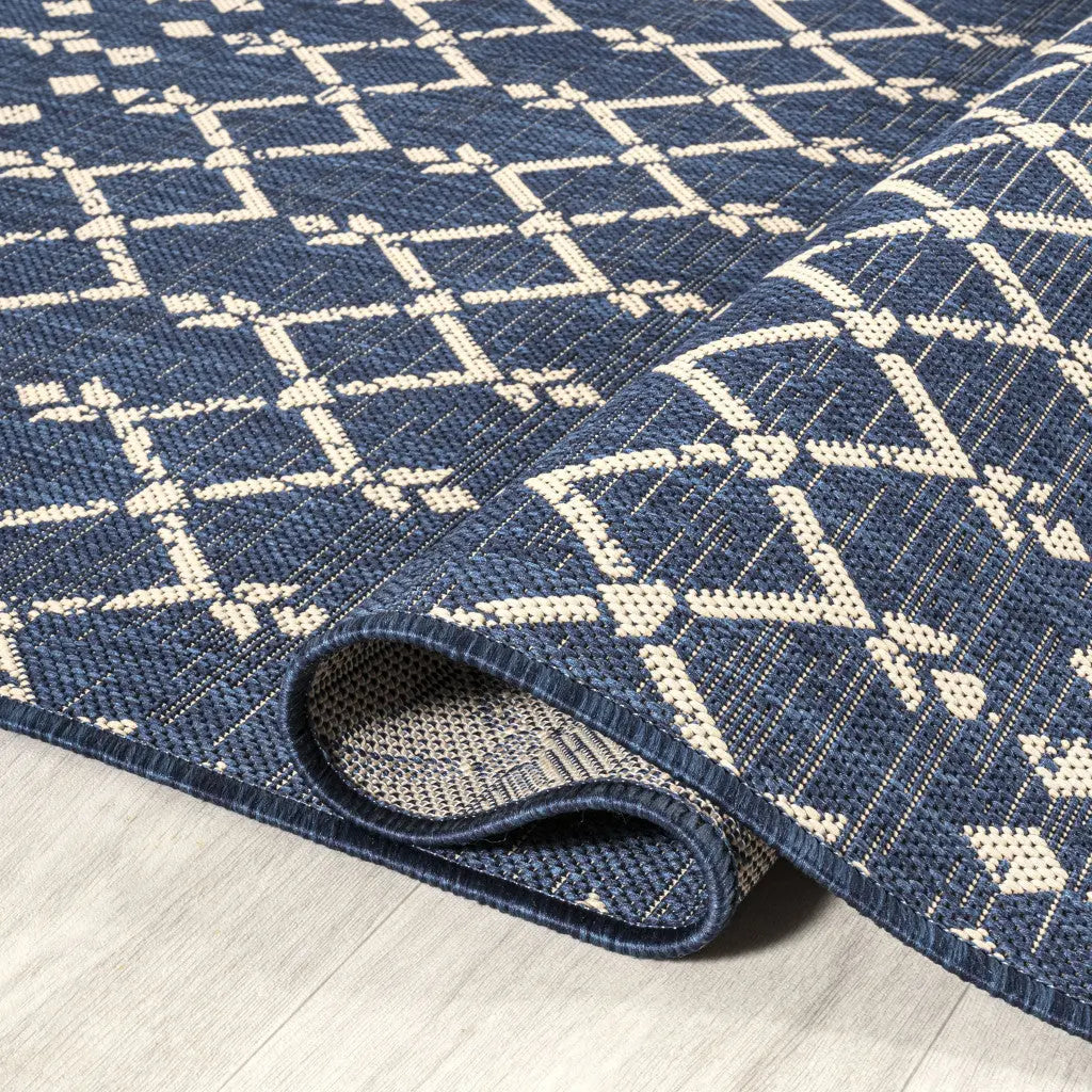 5' Navy Blue And Beige Square Trellis Indoor Outdoor Area Rug Homeroots Outdoor