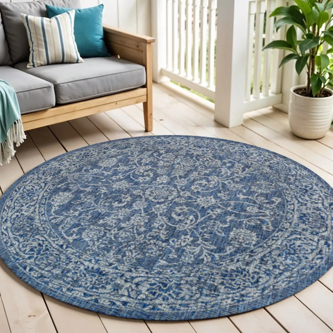 5' Navy Blue And Gray Round Medallion Indoor Outdoor Area Rug Homeroots Outdoor