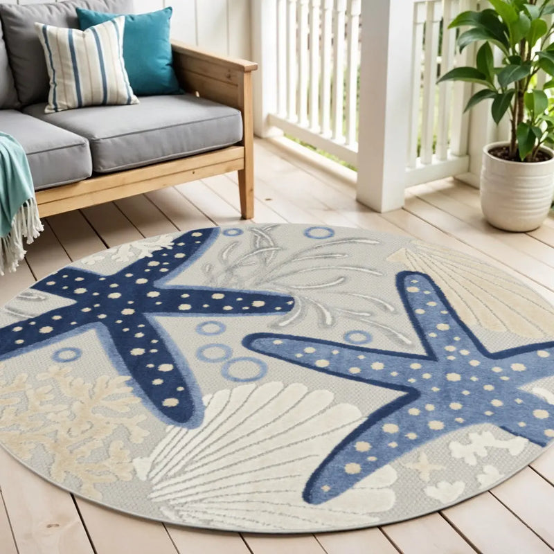 5' Navy Blue And Gray Round Starfish Indoor Outdoor Area Rug Homeroots Outdoor