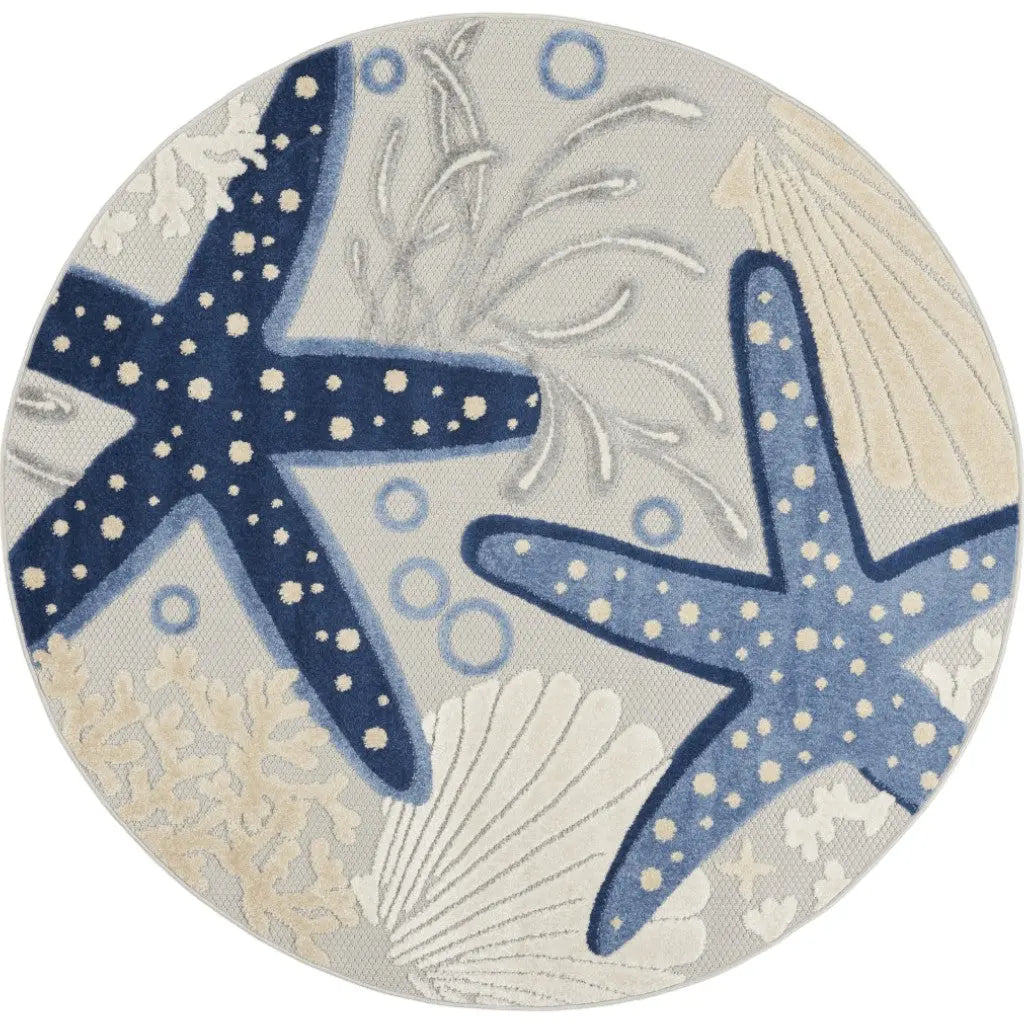 5' Navy Blue And Gray Round Starfish Indoor Outdoor Area Rug Homeroots Outdoor