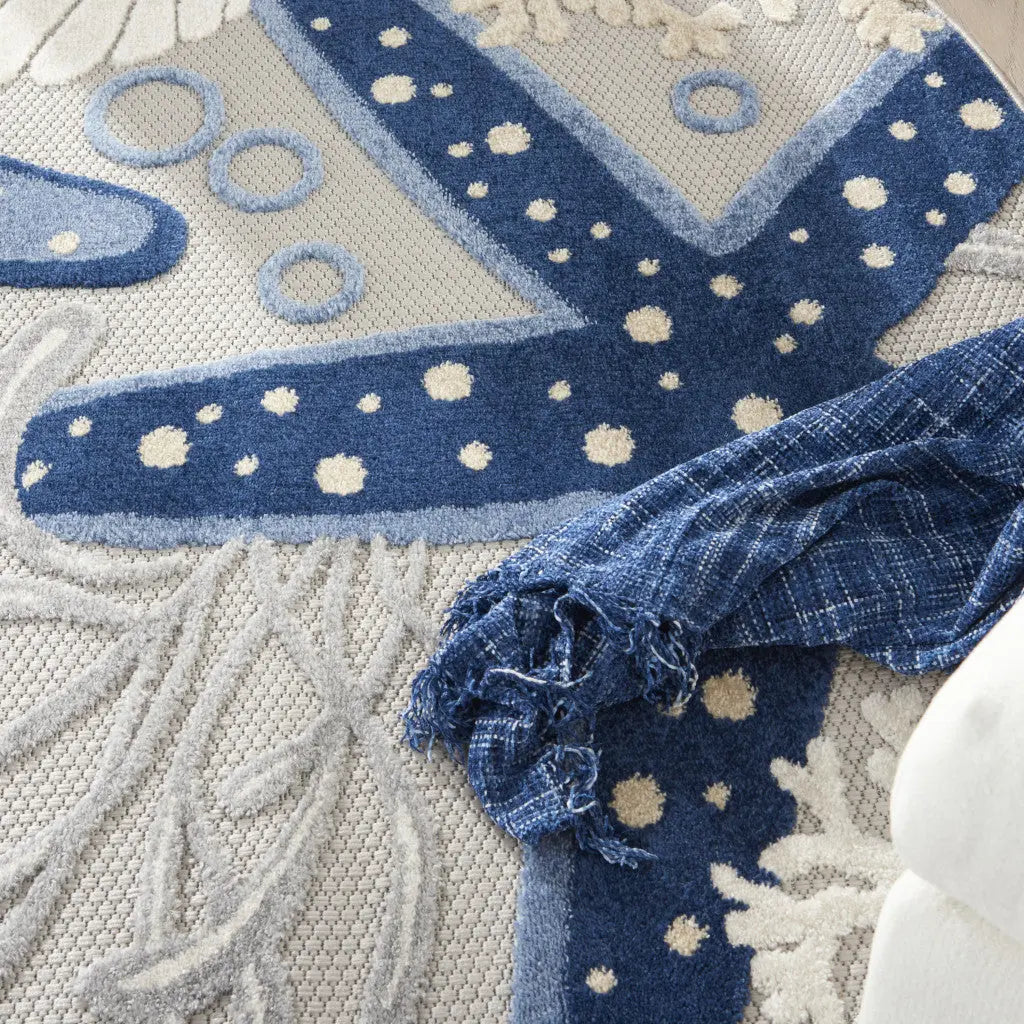 5' Navy Blue And Gray Round Starfish Indoor Outdoor Area Rug Homeroots Outdoor