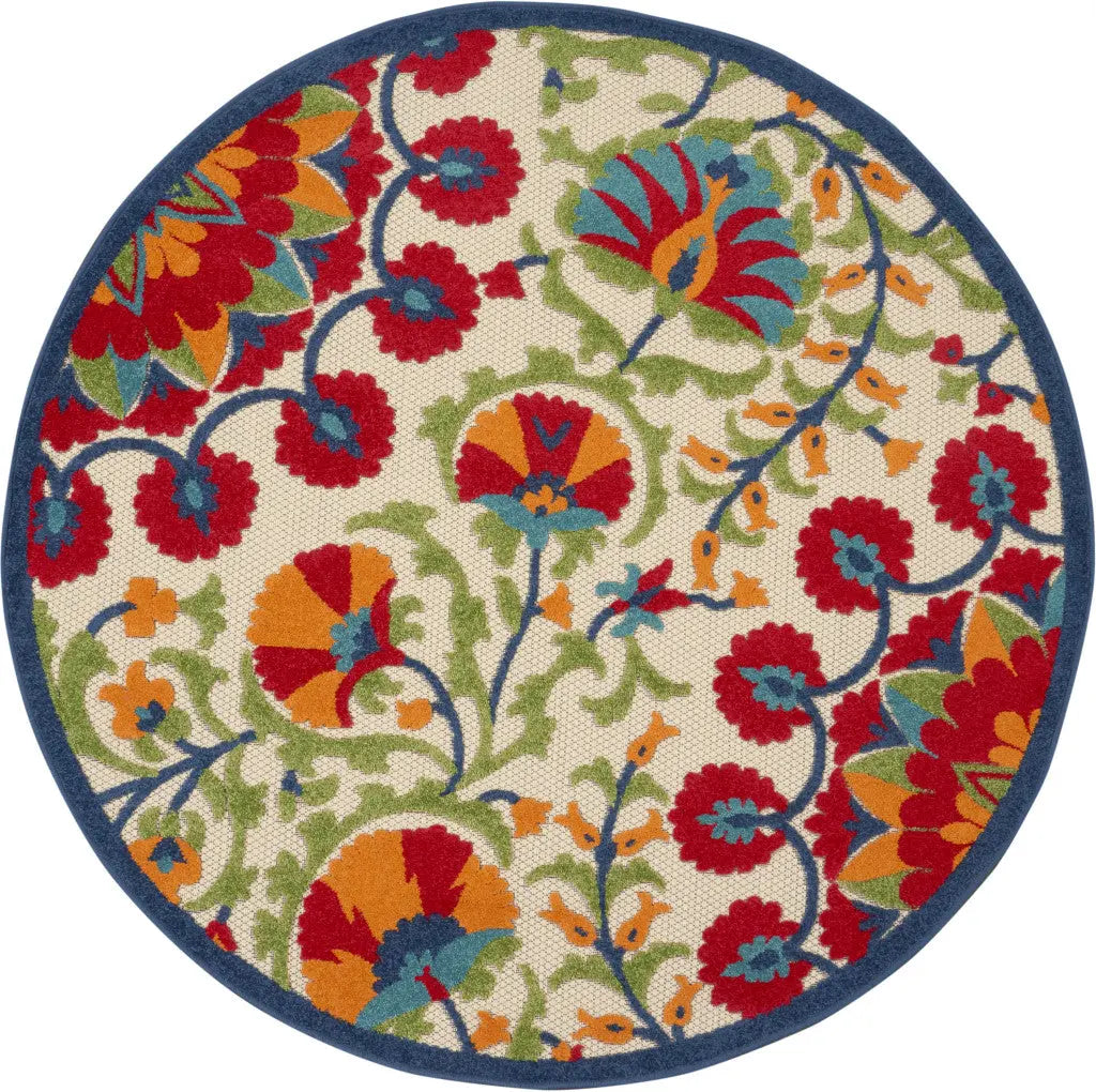 5' Navy Blue Beige Green Blue And Red Round Floral Indoor Outdoor Area Rug Homeroots Outdoor