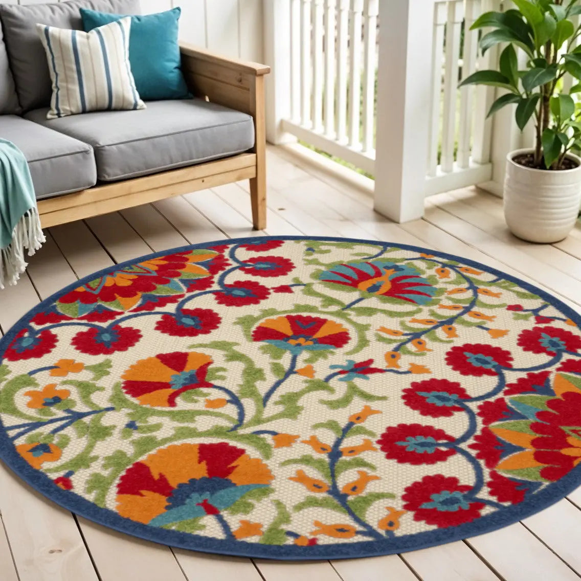 5' Navy Blue Beige Green Blue And Red Round Floral Indoor Outdoor Area Rug Homeroots Outdoor