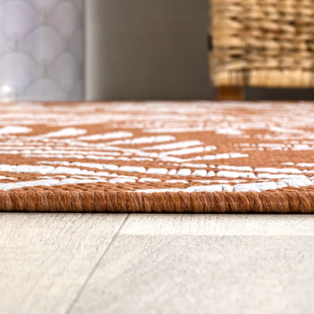 5' Orange And Cream Square Floral Indoor Outdoor Area Rug Homeroots Outdoor