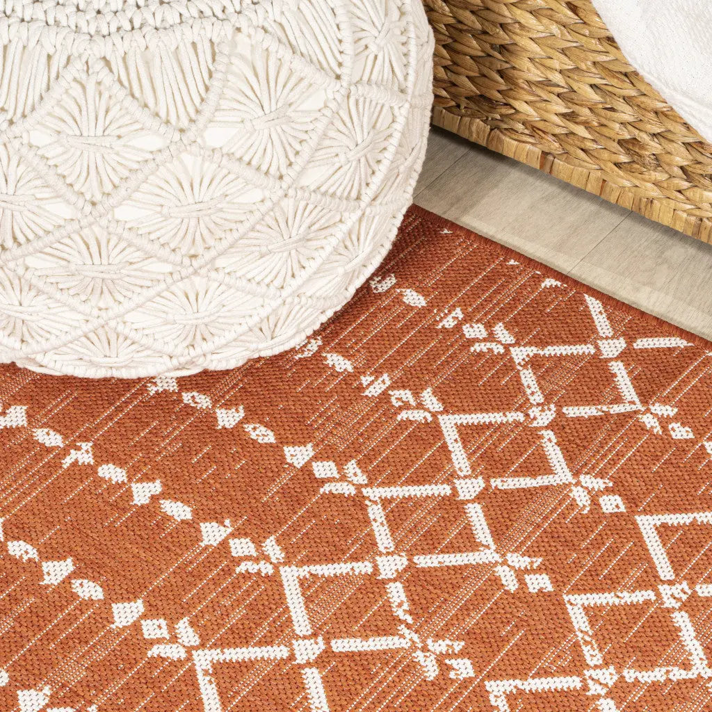 5' Orange And Cream Square Trellis Indoor Outdoor Area Rug Homeroots Outdoor