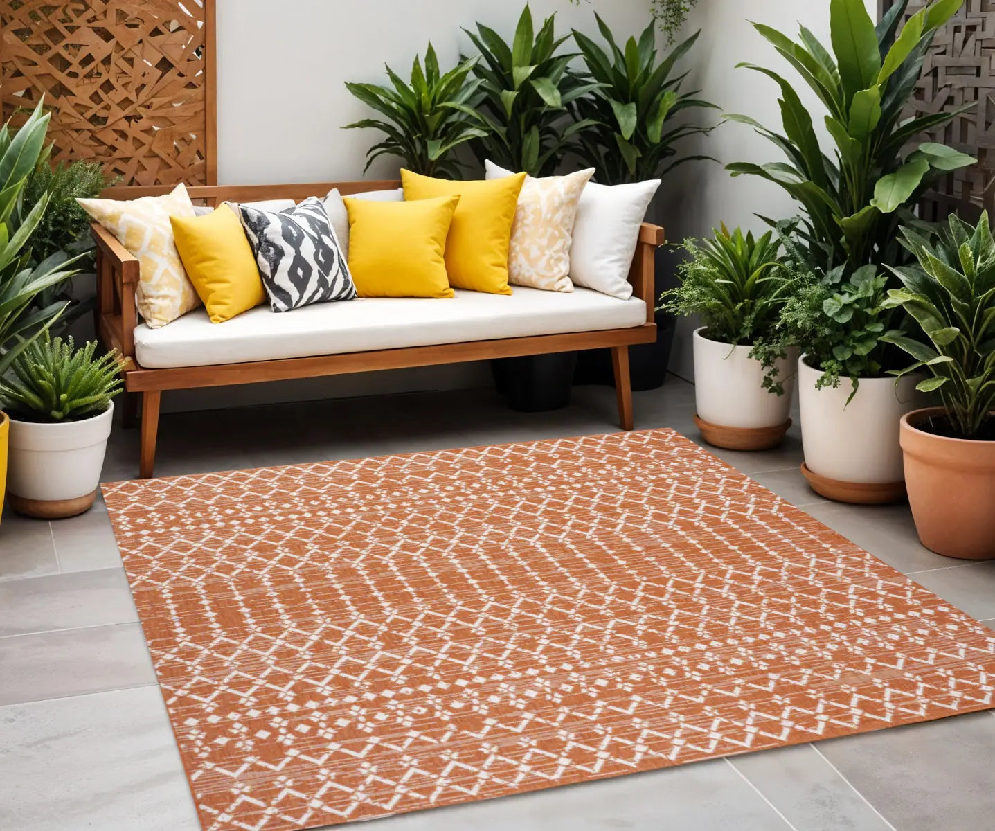 5' Orange And Cream Square Trellis Indoor Outdoor Area Rug Homeroots Outdoor