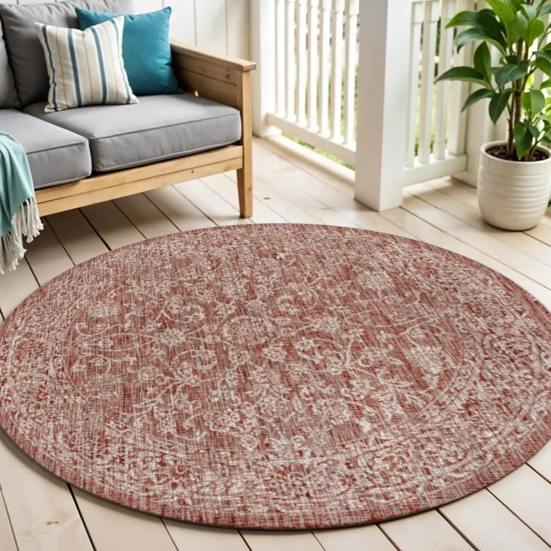 5' Red And Taupe Round Medallion Indoor Outdoor Area Rug Homeroots Outdoor