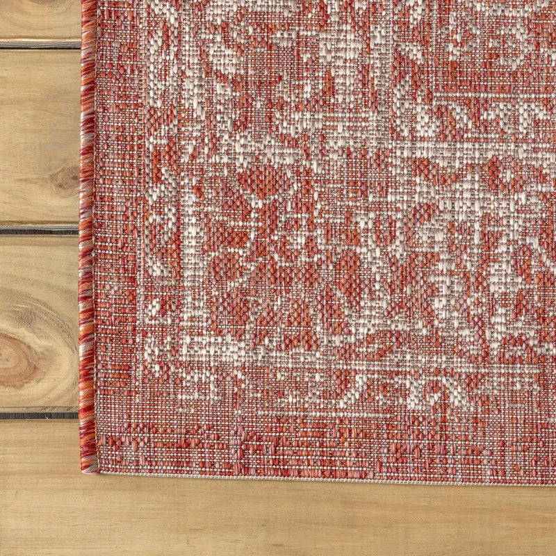 5' Red And Taupe Square Medallion Indoor Outdoor Area Rug Homeroots Outdoor