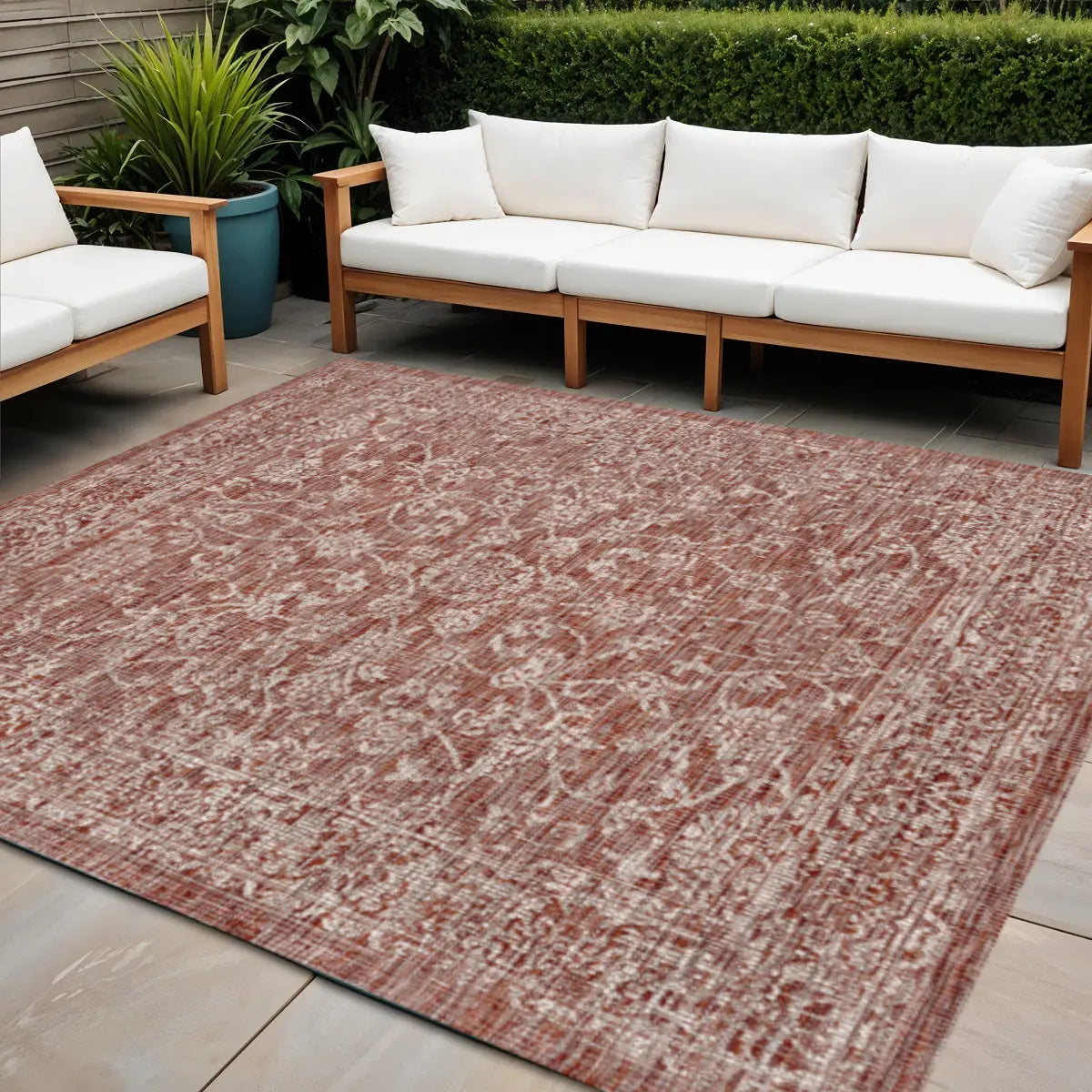 5' Red And Taupe Square Medallion Indoor Outdoor Area Rug Homeroots Outdoor