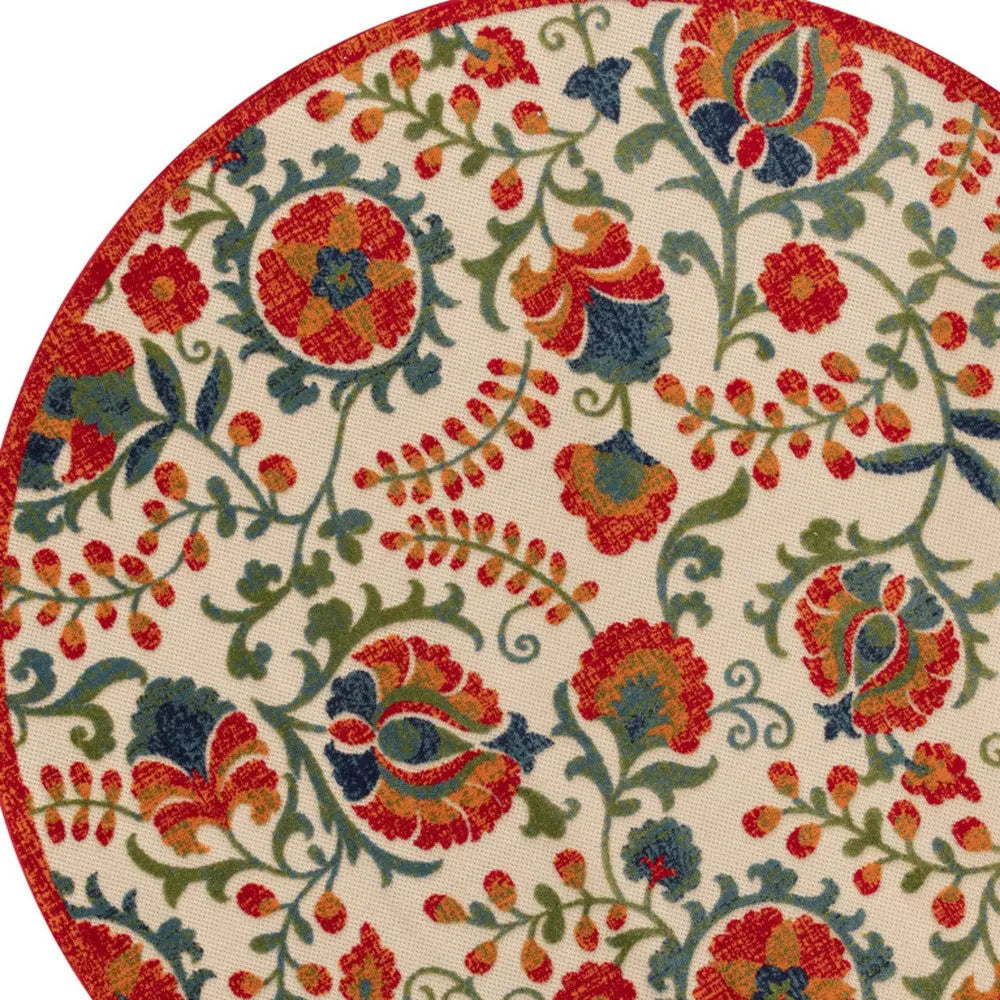 5' Red Gold Teal Blue And Green Round Floral Indoor Outdoor Area Rug Homeroots Outdoor