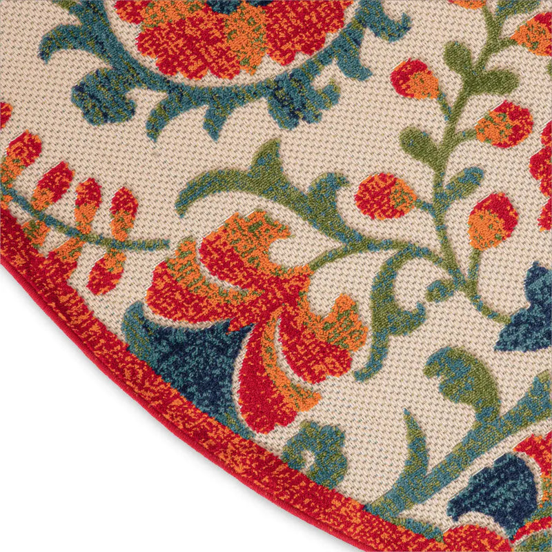5' Red Gold Teal Blue And Green Round Floral Indoor Outdoor Area Rug Homeroots Outdoor
