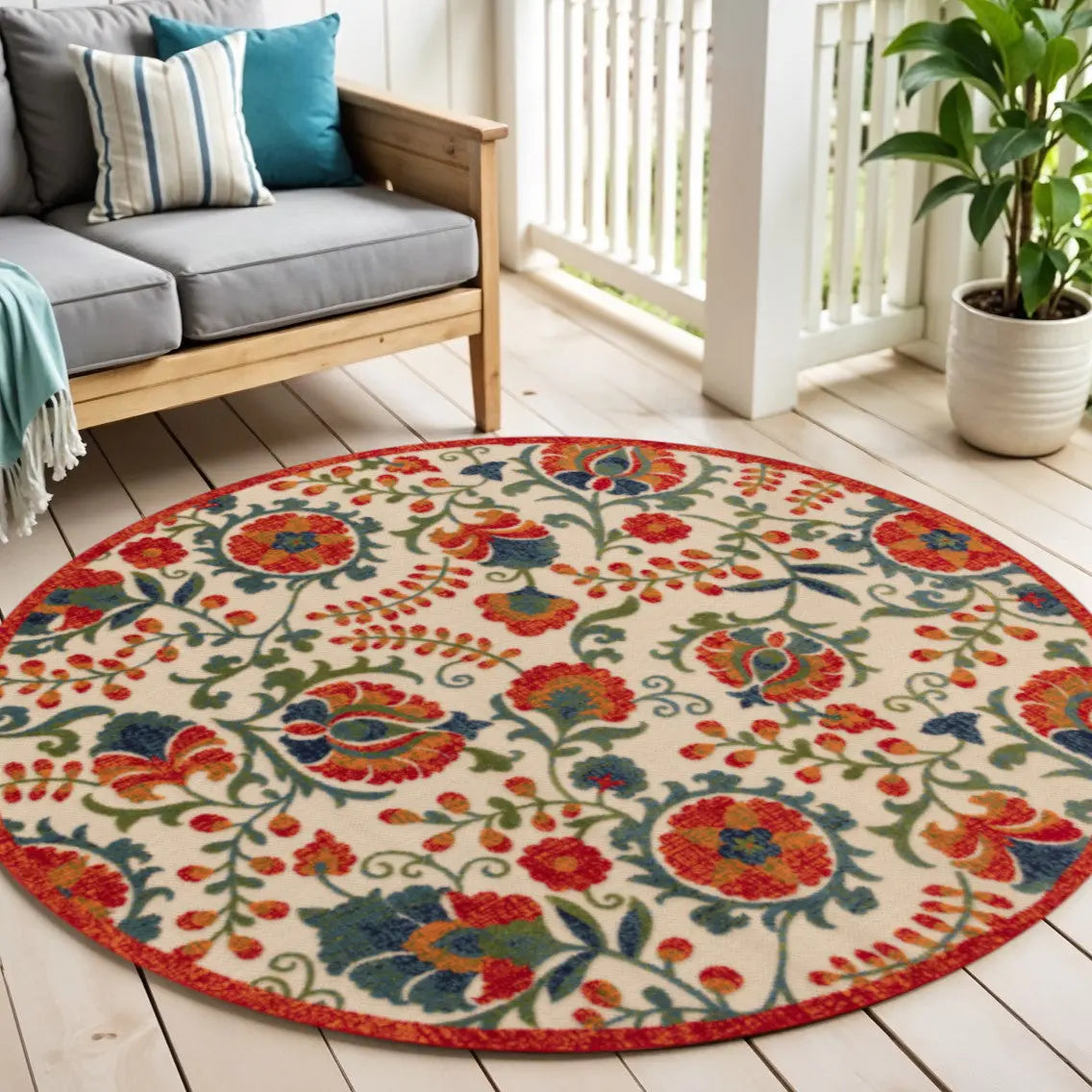 5' Red Gold Teal Blue And Green Round Floral Indoor Outdoor Area Rug Homeroots Outdoor