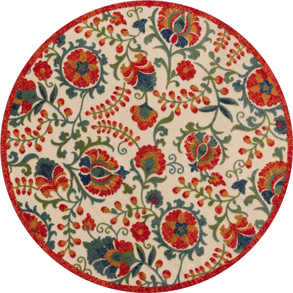 5' Red Gold Teal Blue And Green Round Floral Indoor Outdoor Area Rug Homeroots Outdoor