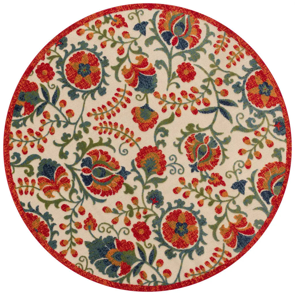 5' Red Gold Teal Blue And Green Round Floral Indoor Outdoor Area Rug Homeroots Outdoor