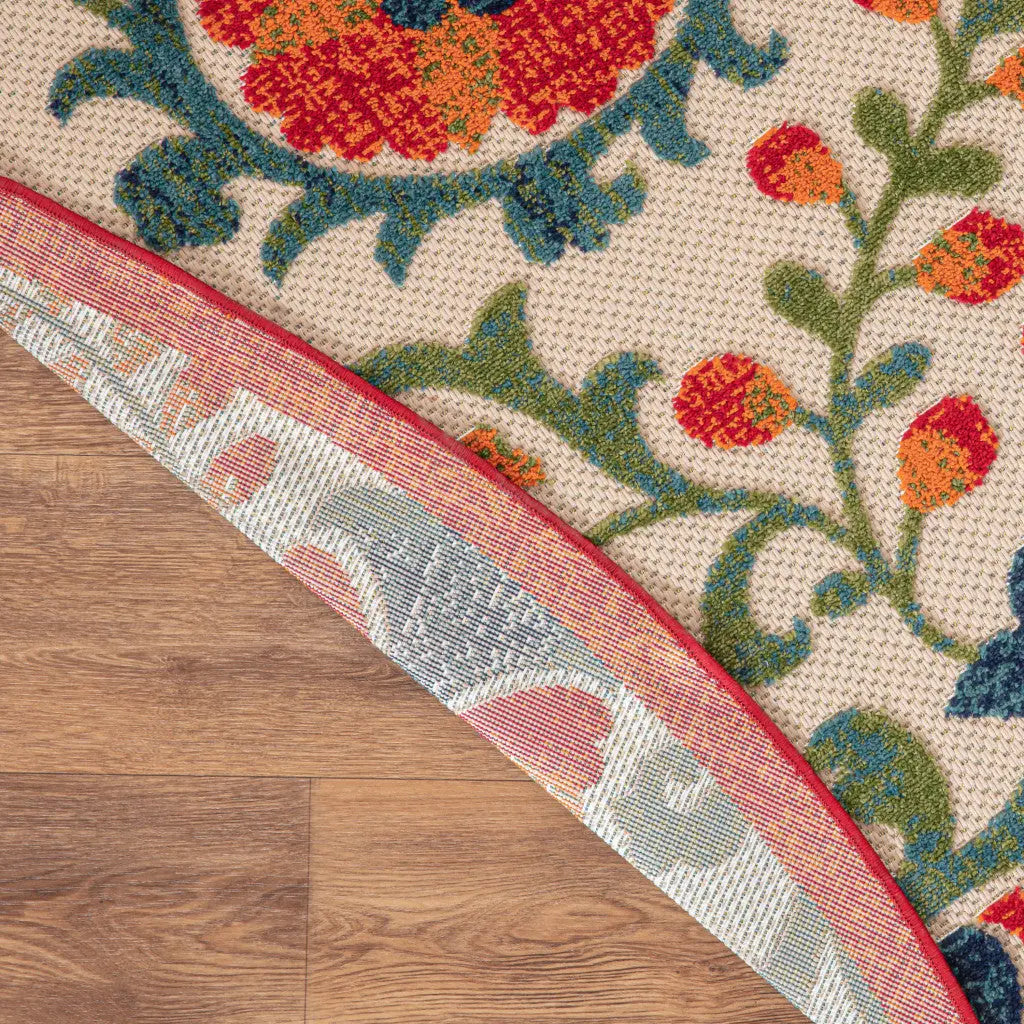 5' Red Gold Teal Blue And Green Round Floral Indoor Outdoor Area Rug Homeroots Outdoor