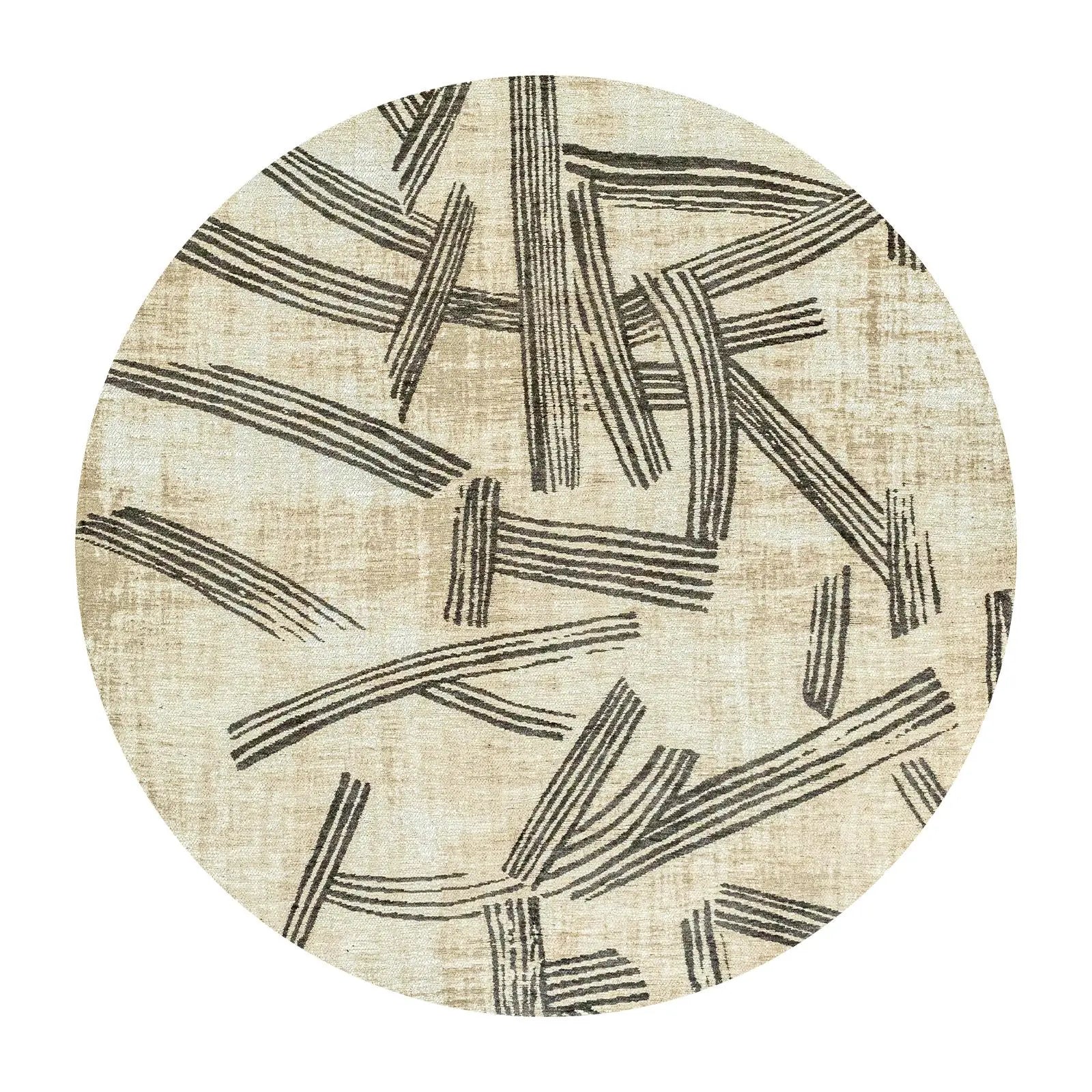 5' Tan And White Abstract Washable Round Rug With UV Protection Homeroots Home Decor