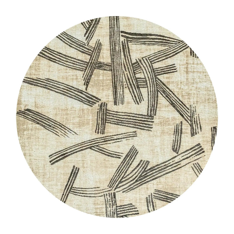 5' Tan And White Abstract Washable Round Rug With UV Protection Homeroots Home Decor