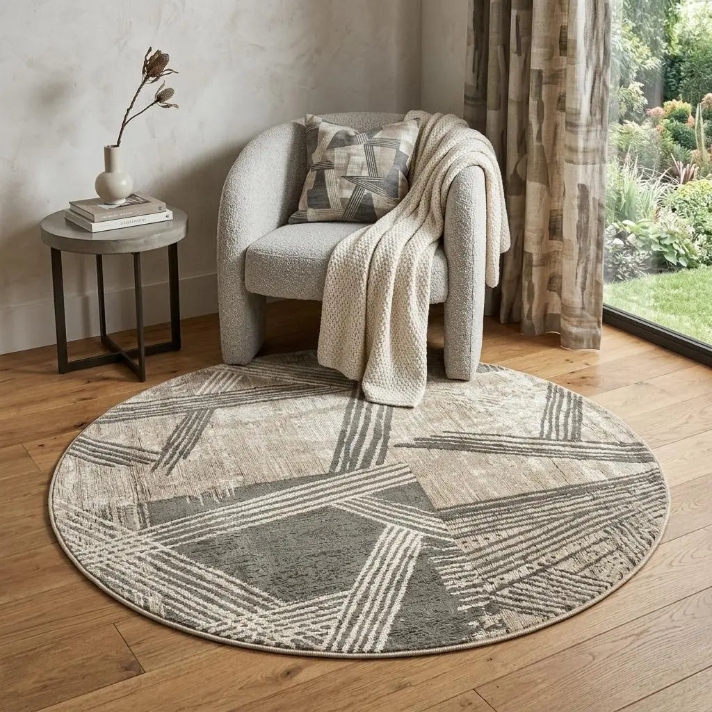 5' Tan And White Abstract Washable Round Rug With UV Protection Homeroots Home Decor