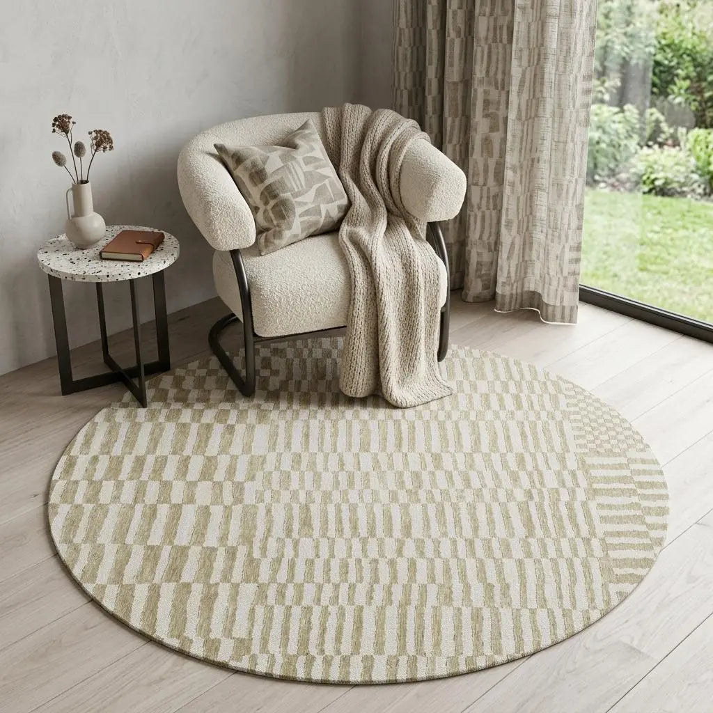 5' Tan And White Abstract Washable Round Rug With UV Protection Homeroots Home Decor