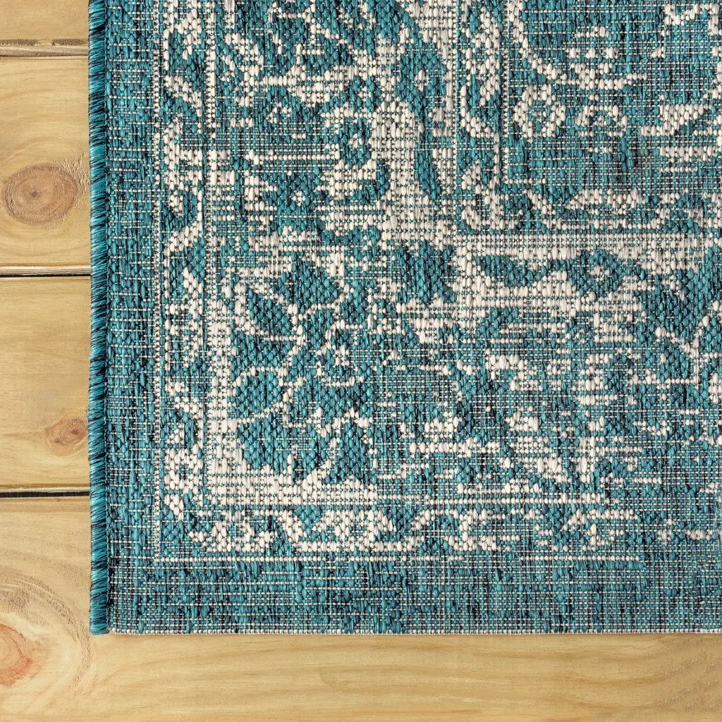 5' Teal Blue And Gray Square Medallion Indoor Outdoor Area Rug Homeroots Outdoor