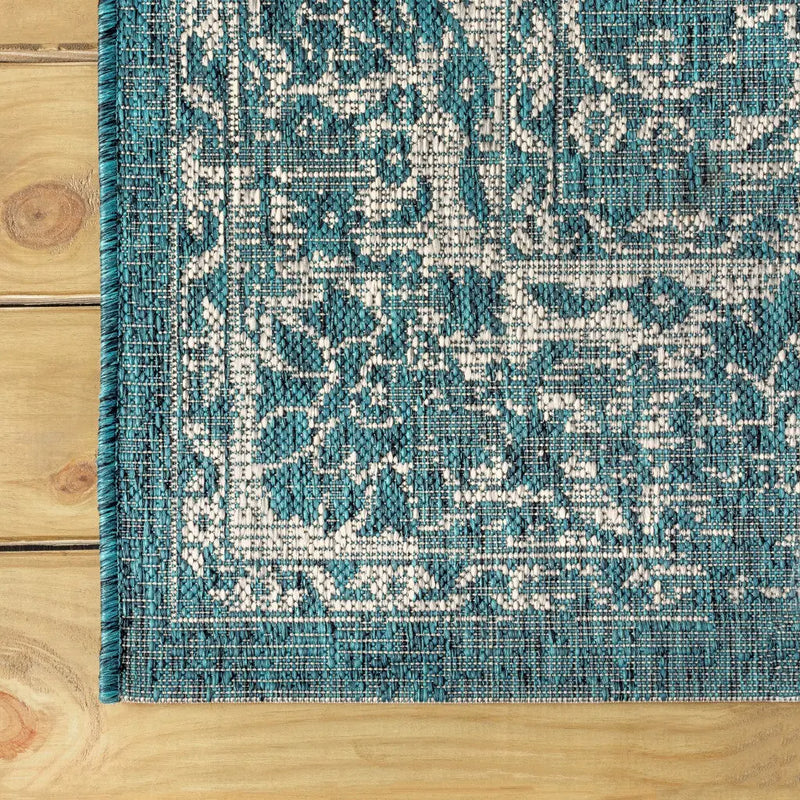 5' Teal Blue And Gray Square Medallion Indoor Outdoor Area Rug Homeroots Outdoor