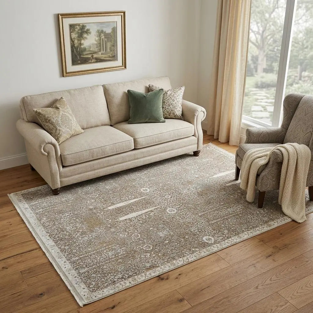5' X 10' Ivory Taupe And Gold Floral Area Rug With Fringe Homeroots Home Decor