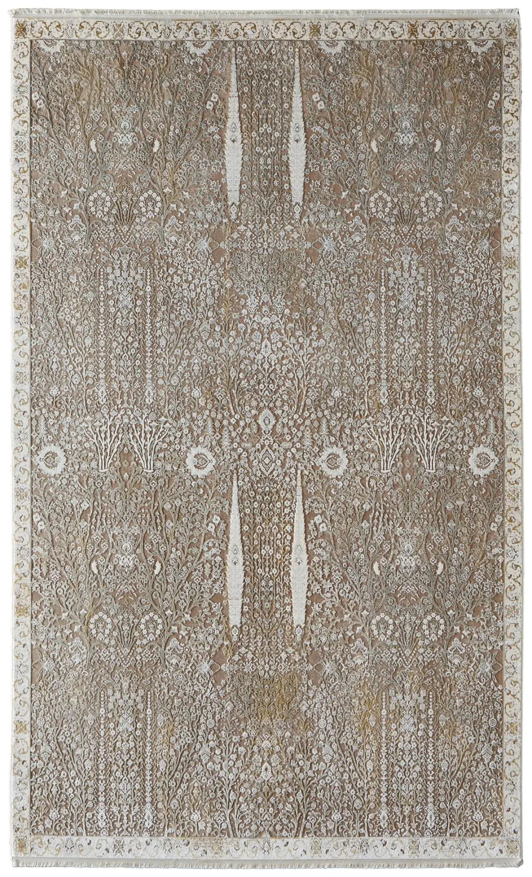 5' X 10' Ivory Taupe And Gold Floral Area Rug With Fringe Homeroots Home Decor