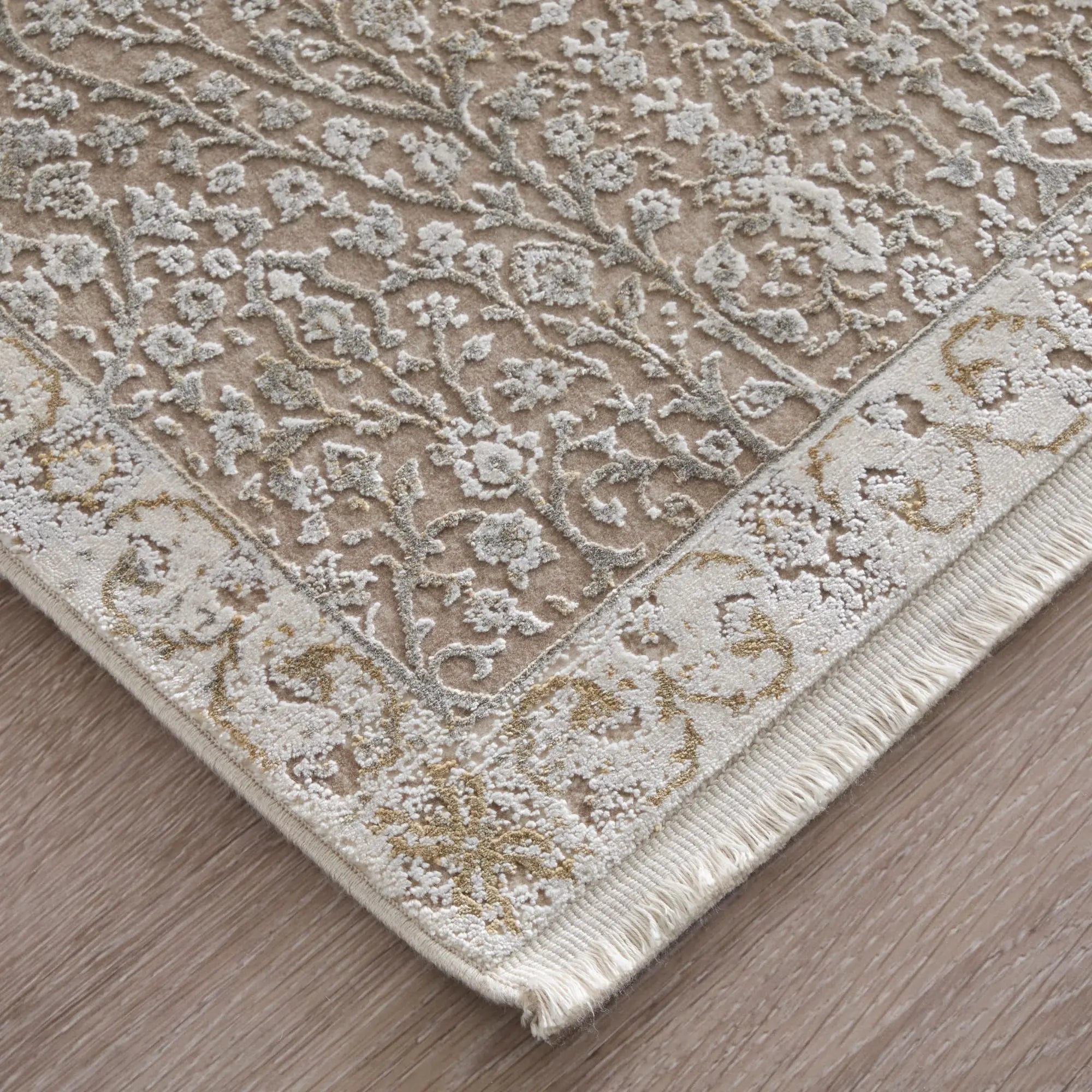 5' X 10' Ivory Taupe And Gold Floral Area Rug With Fringe Homeroots Home Decor