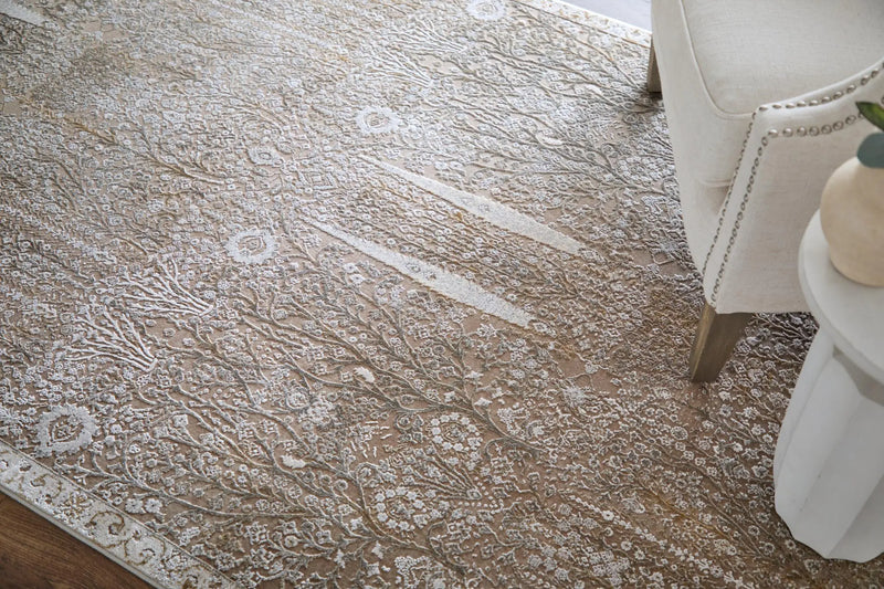 5' X 10' Ivory Taupe And Gold Floral Area Rug With Fringe Homeroots Home Decor