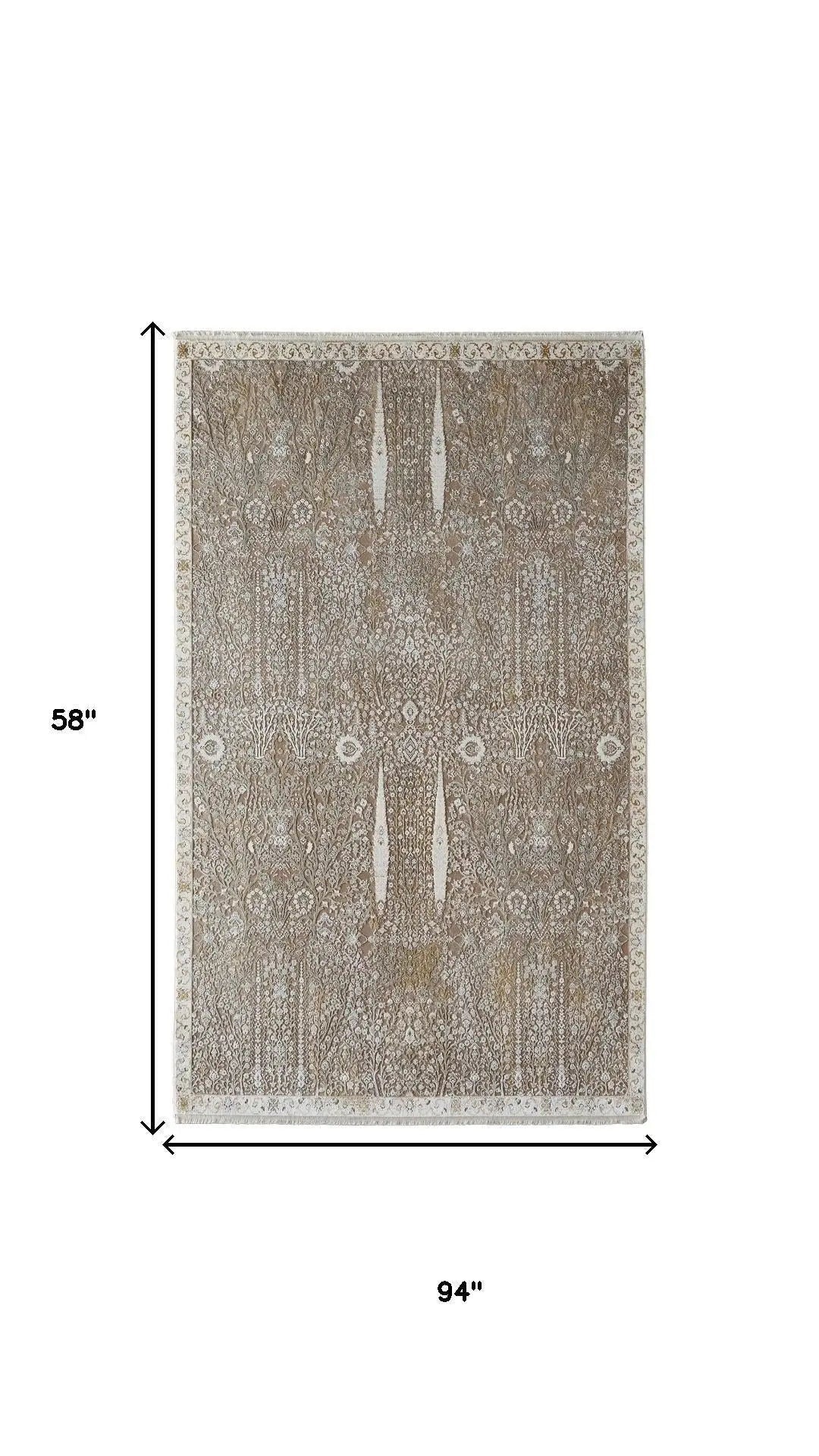5' X 10' Ivory Taupe And Gold Floral Area Rug With Fringe Homeroots Home Decor