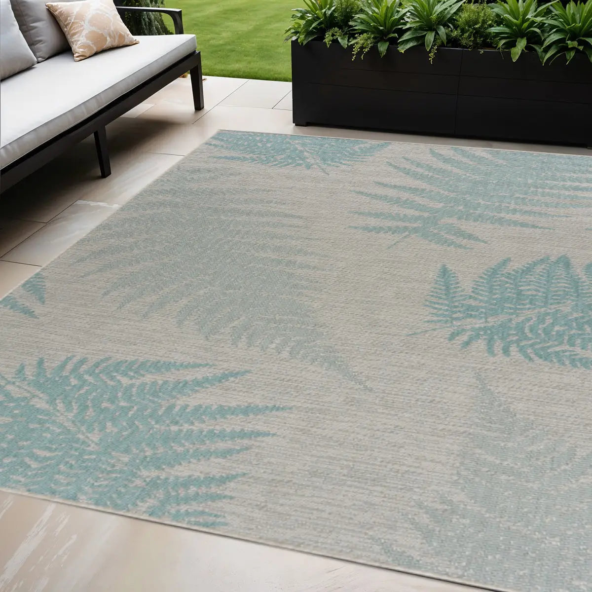 5' X 7' Beige And Teal Blue Fern Leave Indoor Outdoor Area Rug Homeroots Outdoor