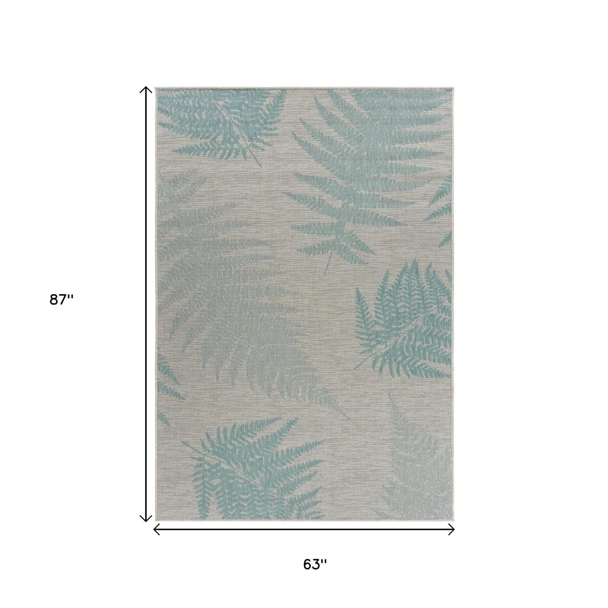 5' X 7' Beige And Teal Blue Fern Leave Indoor Outdoor Area Rug Homeroots Outdoor