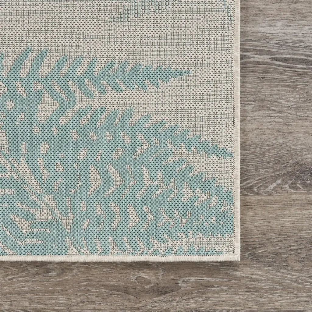 5' X 7' Beige And Teal Blue Fern Leave Indoor Outdoor Area Rug Homeroots Outdoor