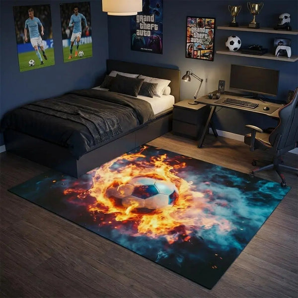 5' X 7' Black Orange And Blue Flaming Soccer Washable Area Rug With UV Protection Homeroots Home Decor