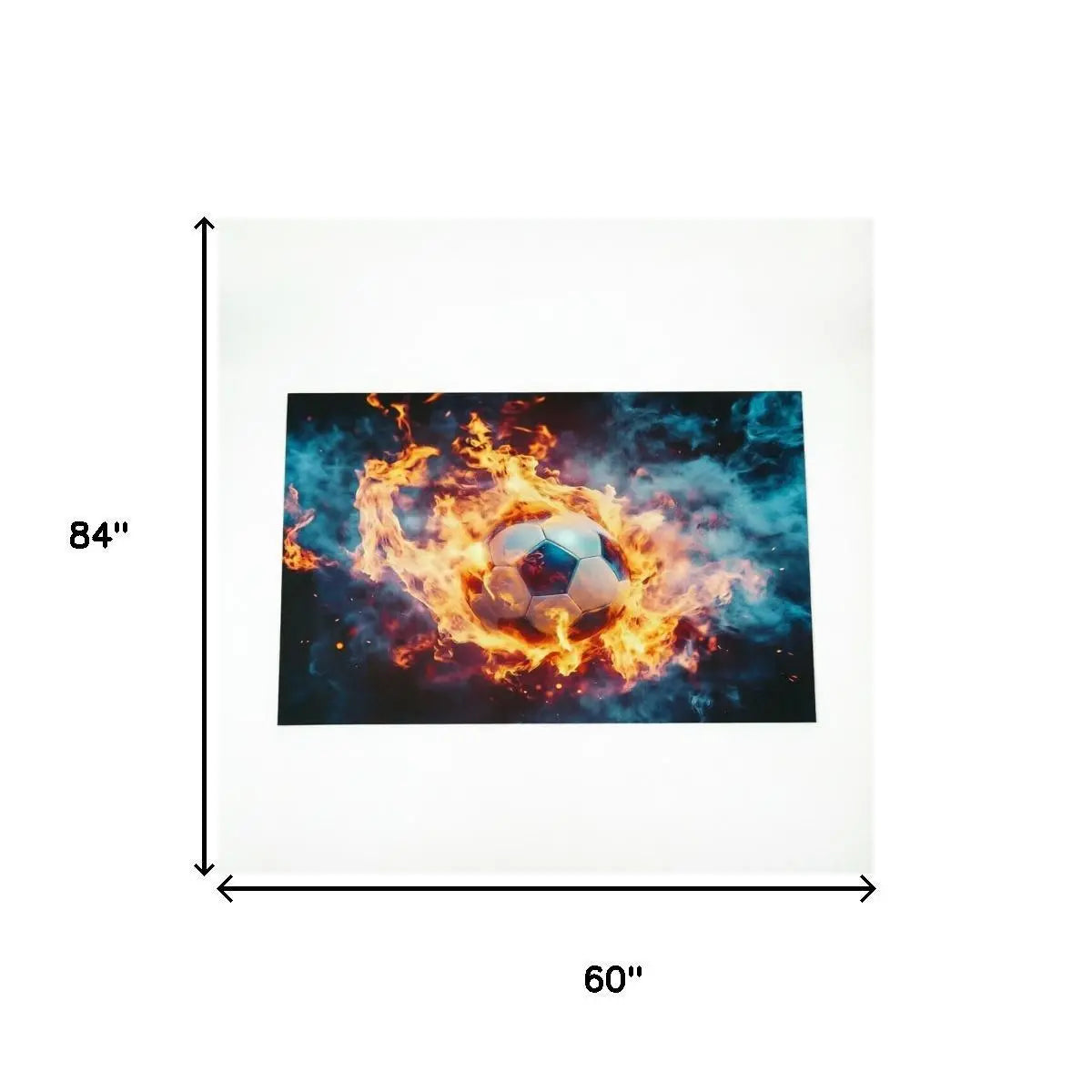 5' X 7' Black Orange And Blue Flaming Soccer Washable Area Rug With UV Protection Homeroots Home Decor
