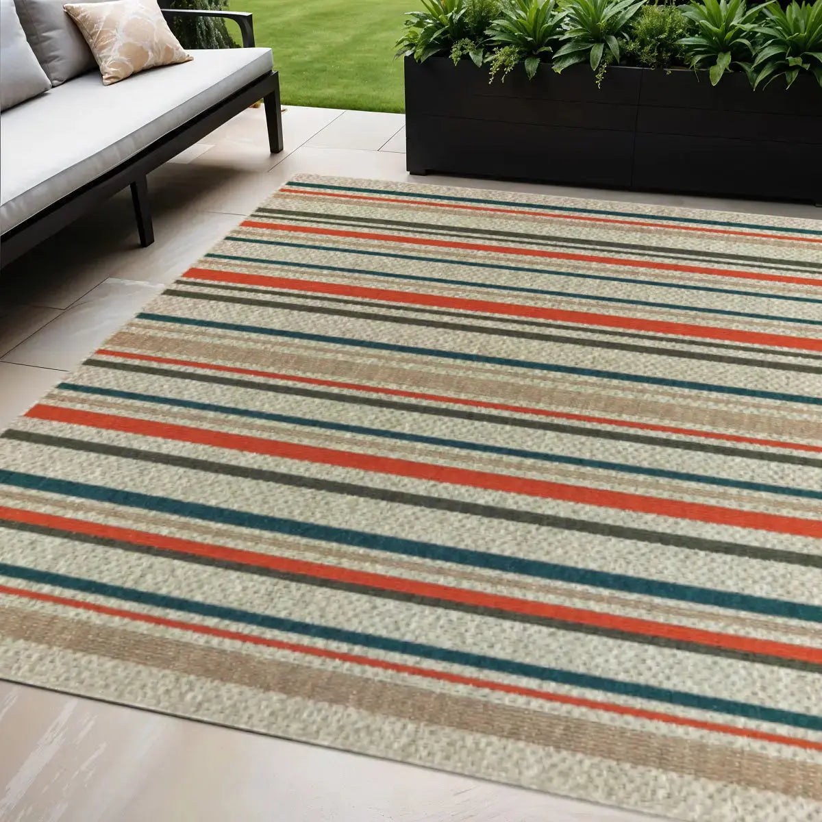 5' X 7' Blue And Gray Striped Indoor Outdoor Area Rug Homeroots Outdoor