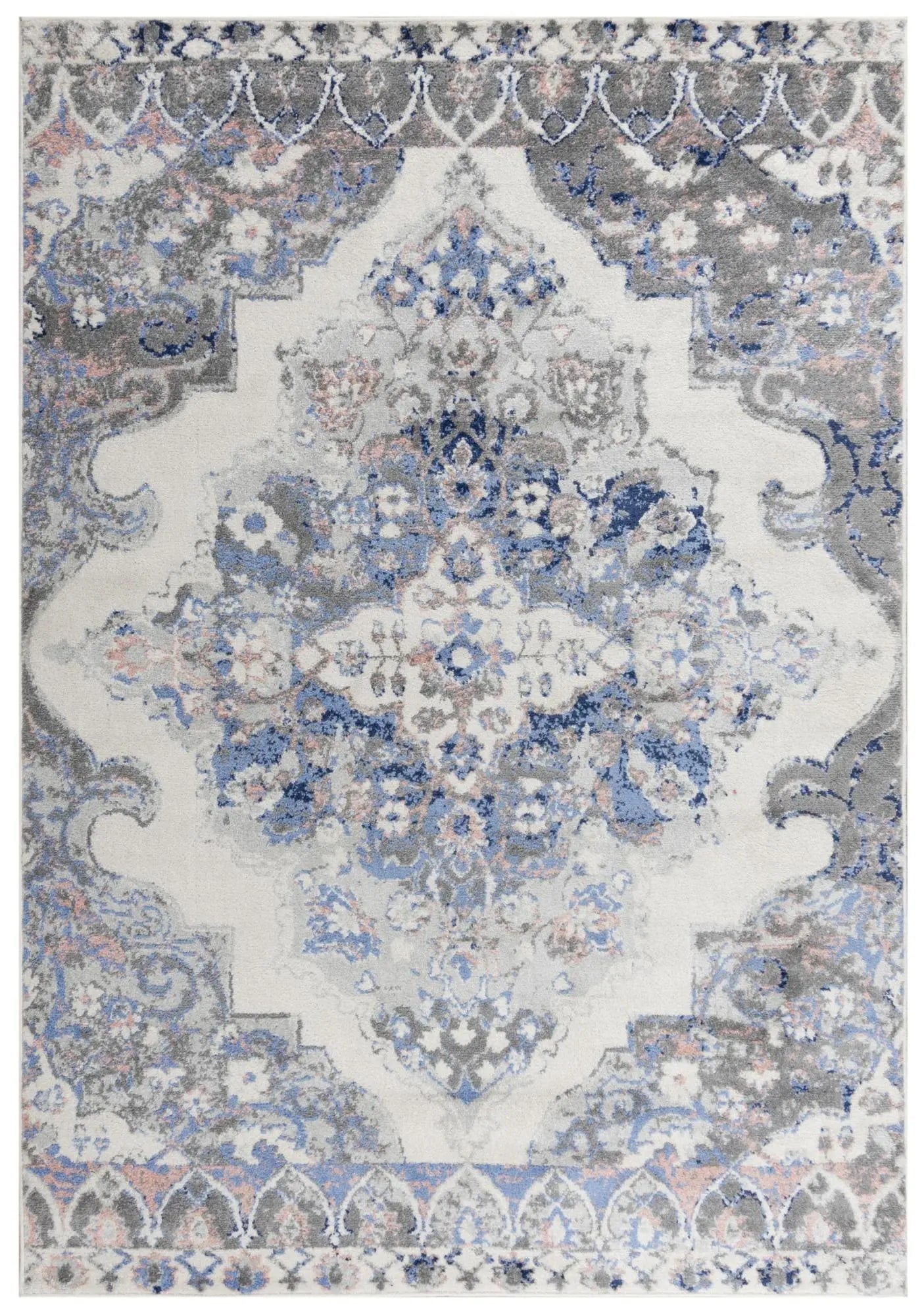 5' X 7' Blue Light Pink Dark Blue Gray And Ivory Medallion Area Rug Homeroots Home Decor