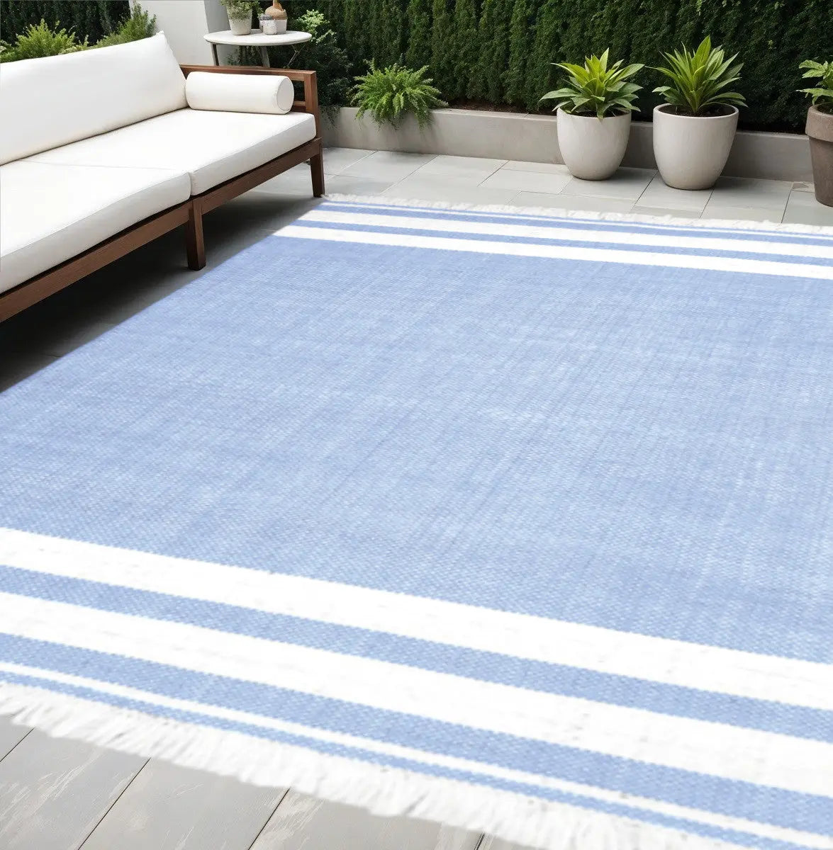 5' X 7' Blue Striped Handmade Stain Resistant Non Skid Indoor Outdoor Area Rug Homeroots Outdoor