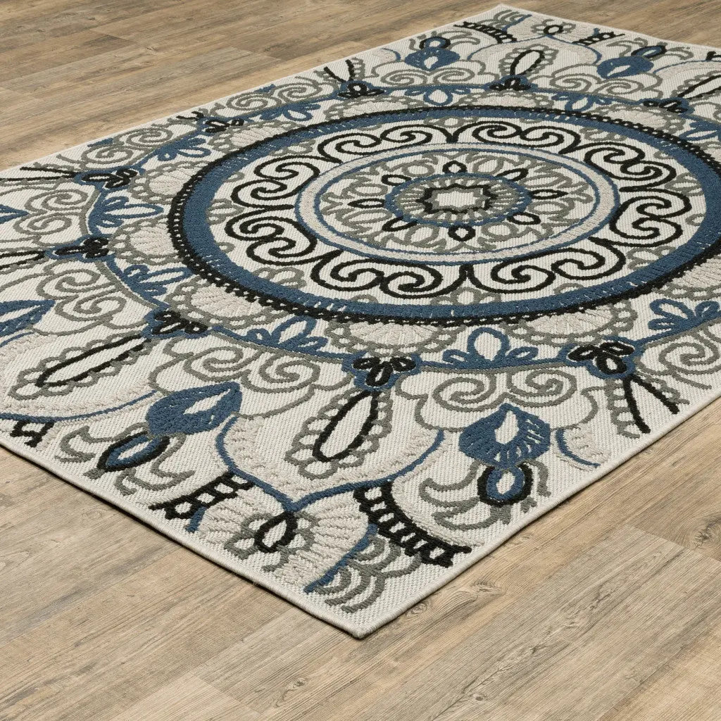 5' X 7' Blue and Beige Geometric Stain Resistant Indoor Outdoor Area Rug Homeroots Outdoor