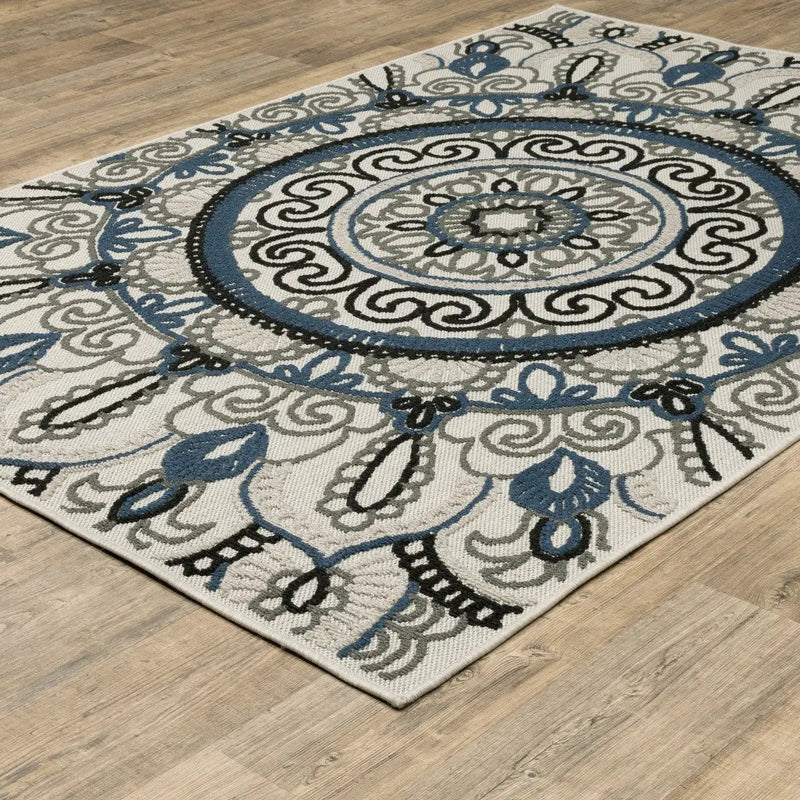 5' X 7' Blue and Beige Geometric Stain Resistant Indoor Outdoor Area Rug Homeroots Outdoor