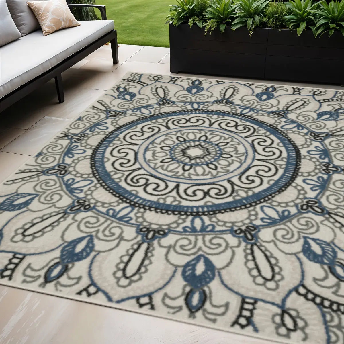 5' X 7' Blue and Beige Geometric Stain Resistant Indoor Outdoor Area Rug Homeroots Outdoor