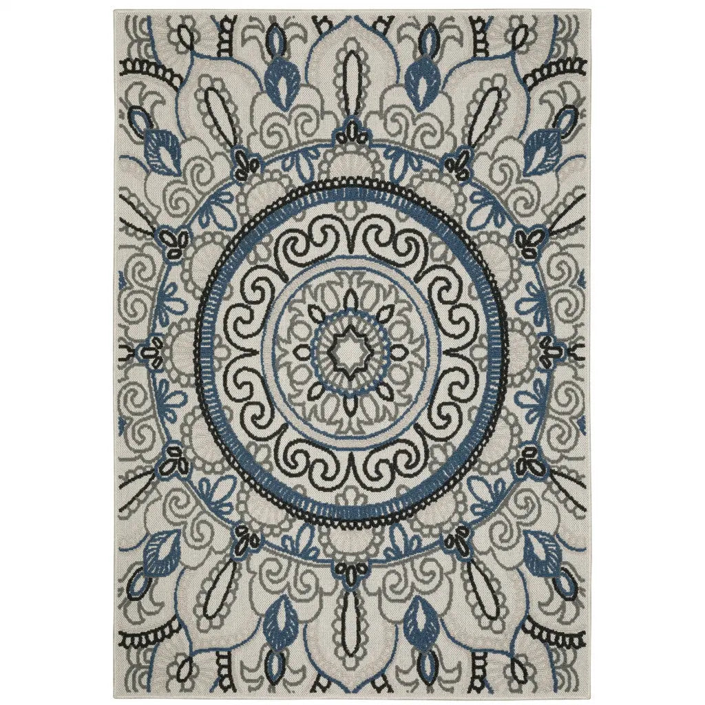 5' X 7' Blue and Beige Geometric Stain Resistant Indoor Outdoor Area Rug Homeroots Outdoor