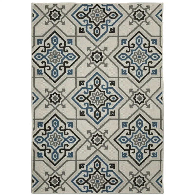 5' X 7' Blue and Beige Oriental Stain Resistant Indoor Outdoor Area Rug Homeroots Outdoor