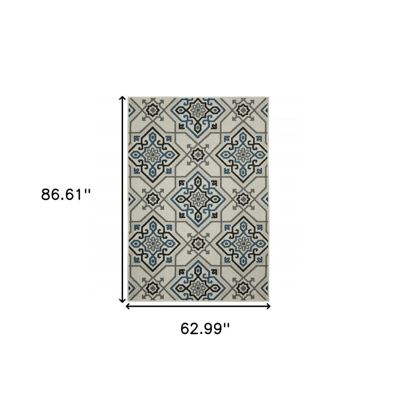 5' X 7' Blue and Beige Oriental Stain Resistant Indoor Outdoor Area Rug Homeroots Outdoor
