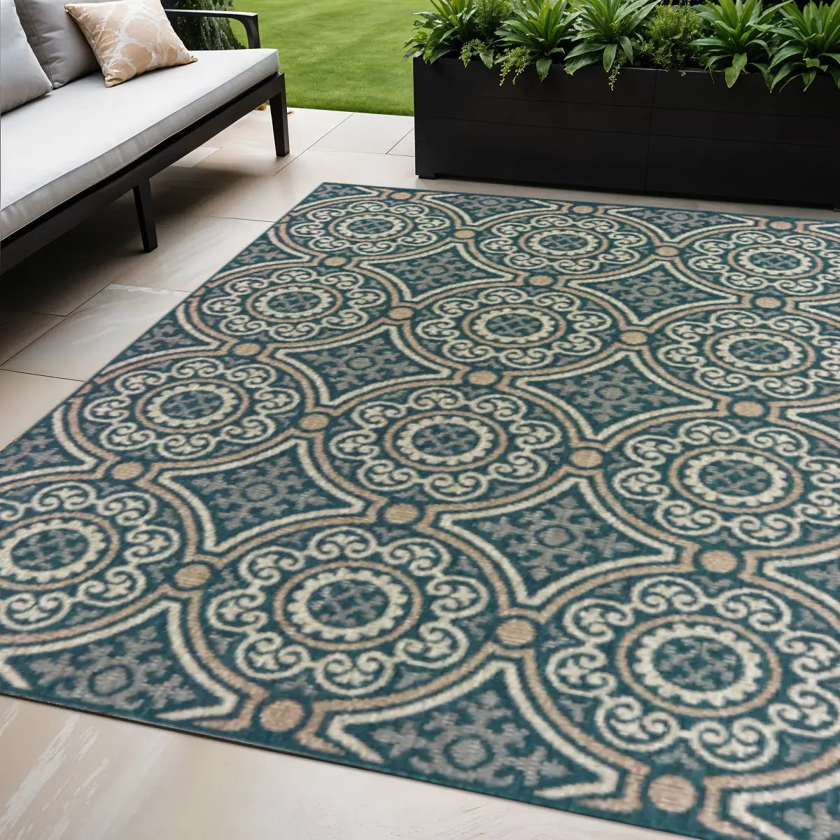 5' X 7' Blue and Gray Geometric Stain Resistant Indoor Outdoor Area Rug Homeroots Outdoor