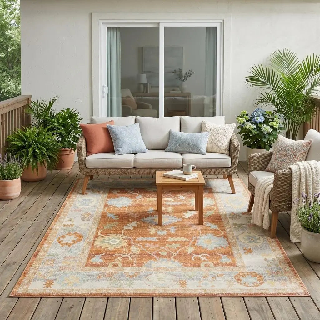 5' X 7' Blue and Orange Floral Stain Resistant Indoor Outdoor Area Rug Homeroots Outdoor
